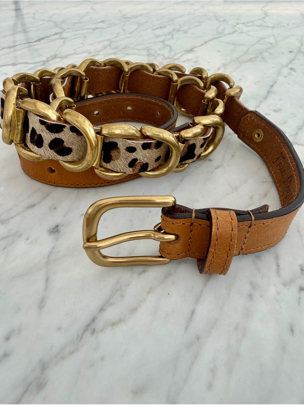 Free People Camel Leather Belt with Gold Chain and Leopard Hair